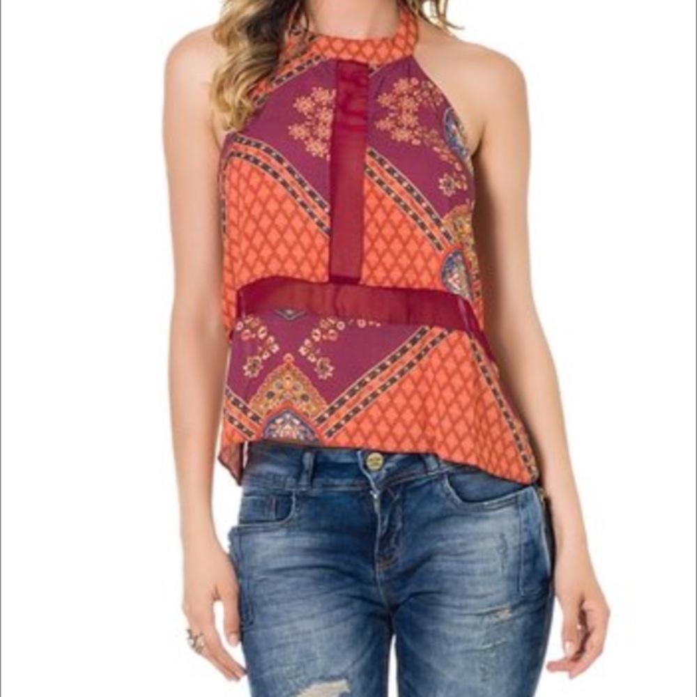 Boho-Chic Halter Top with Low Back & Mesh Detail
